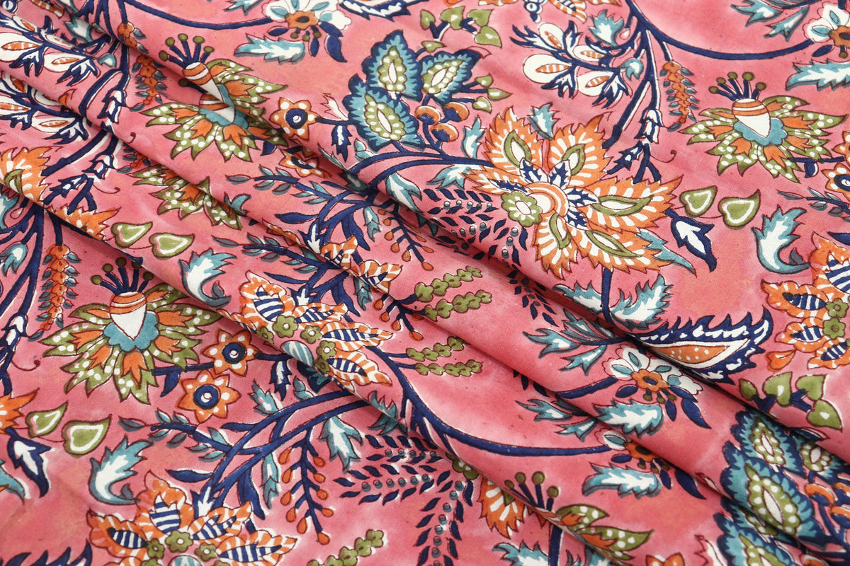 Pink Floral Cotton Fabric: Indian Wood Block Print, Soft Cloth