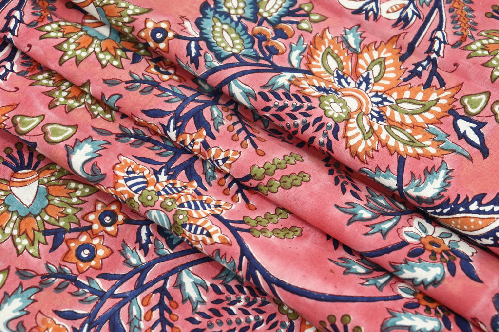 Pink Floral Cotton Fabric: Indian Wood Block Print, Soft Cloth