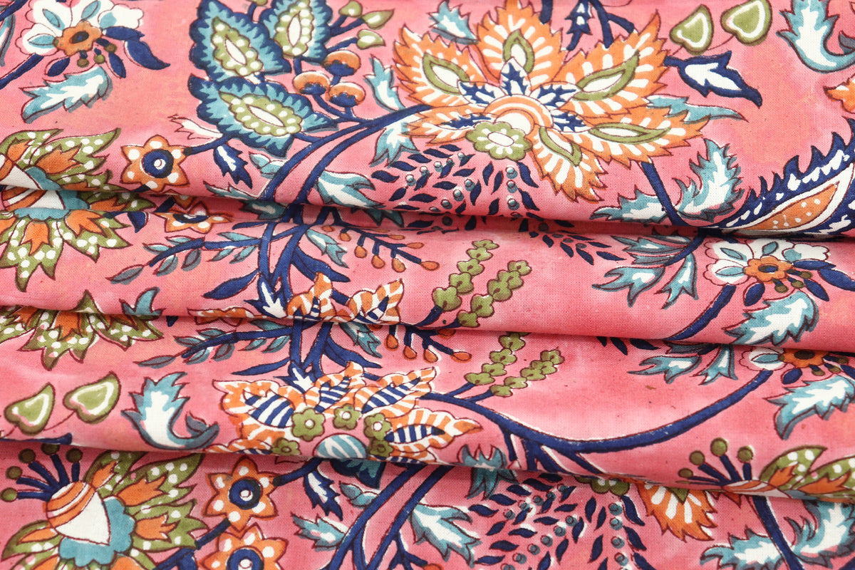 Pink Floral Cotton Fabric: Indian Wood Block Print, Soft Cloth