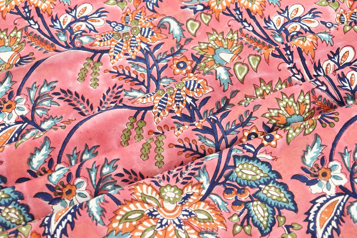 Pink Floral Cotton Fabric: Indian Wood Block Print, Soft Cloth