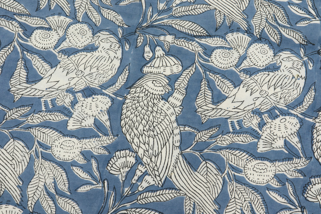 Blue Floral Blockprint Cotton Fabric: Handstamped Indian Fabric
