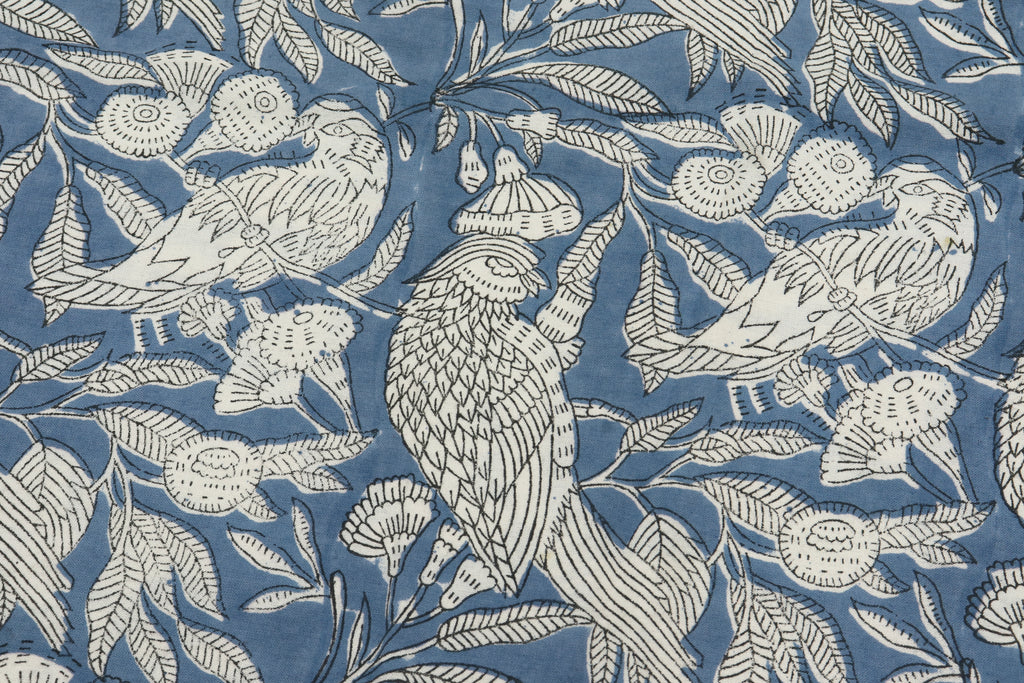 Blue Floral Blockprint Cotton Fabric: Handstamped Indian Fabric