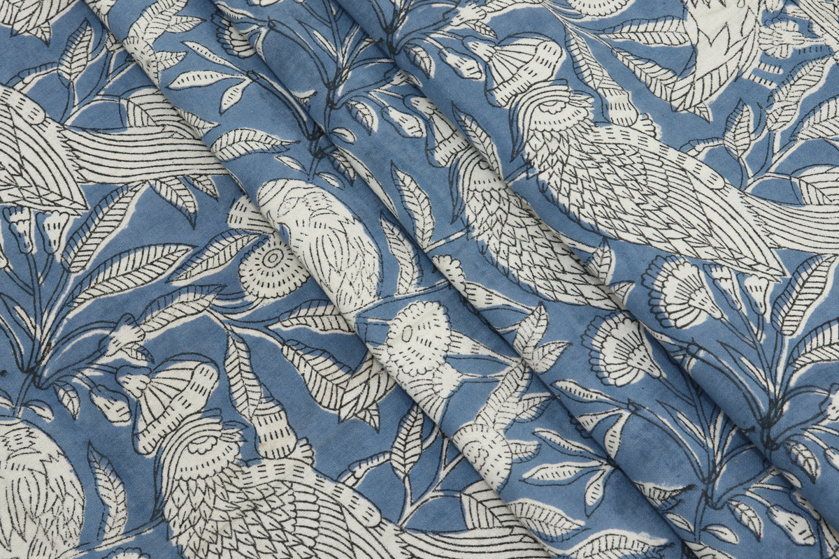 Blue Floral Blockprint Cotton Fabric: Handstamped Indian Fabric