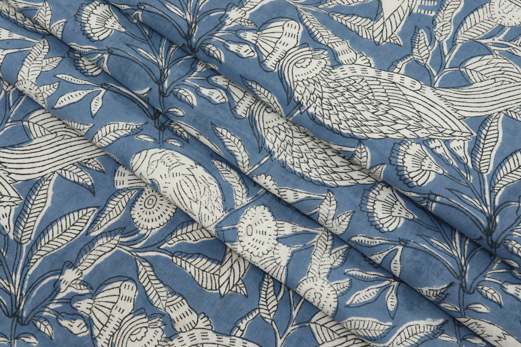 Blue Floral Blockprint Cotton Fabric: Handstamped Indian Fabric