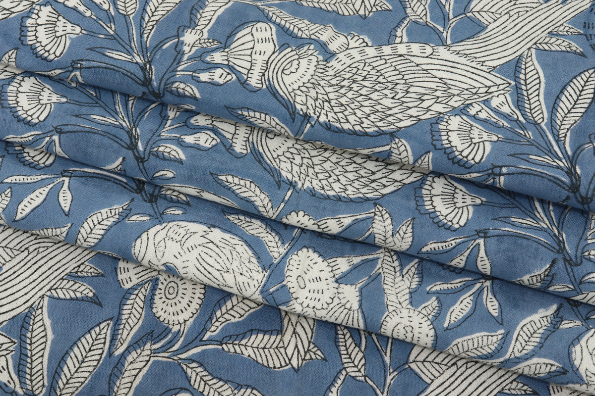 Blue Floral Blockprint Cotton Fabric: Handstamped Indian Fabric