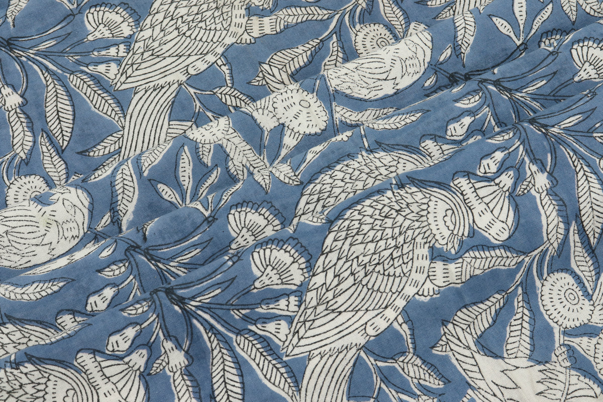 Blue Floral Blockprint Cotton Fabric: Handstamped Indian Fabric