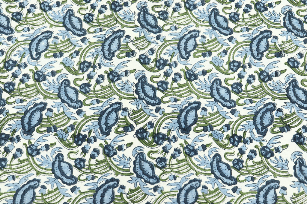 Floral Print Cotton Fabric: Blue, Green Indian Wood Block Print