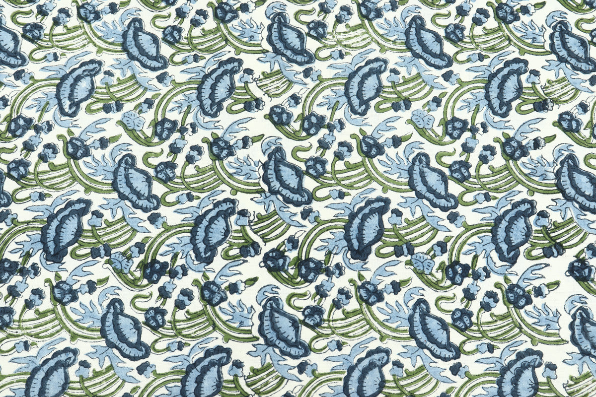 Floral Print Cotton Fabric: Blue, Green Indian Wood Block Print