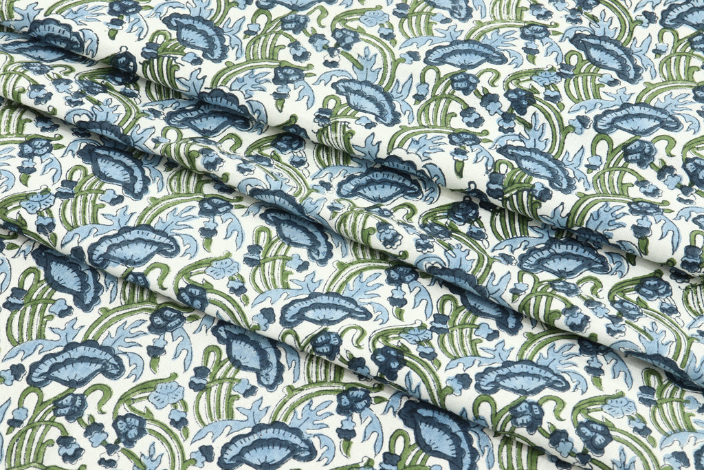 Floral Print Cotton Fabric: Blue, Green Indian Wood Block Print