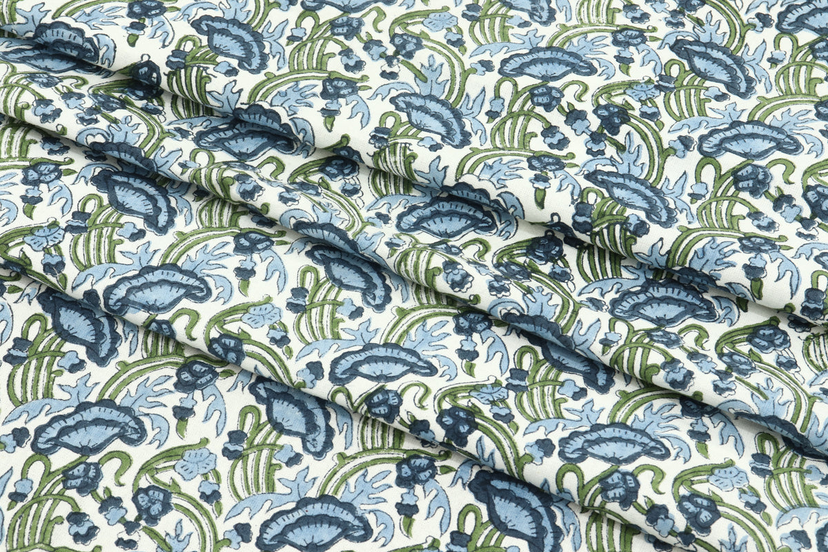 Floral Print Cotton Fabric: Blue, Green Indian Wood Block Print
