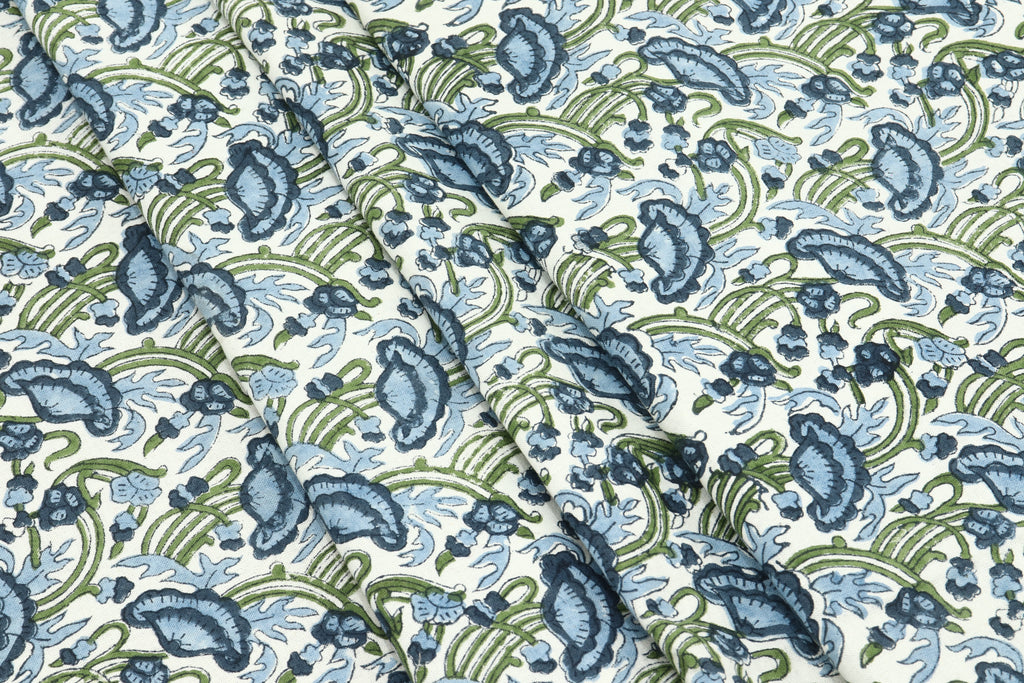 Floral Print Cotton Fabric: Blue, Green Indian Wood Block Print