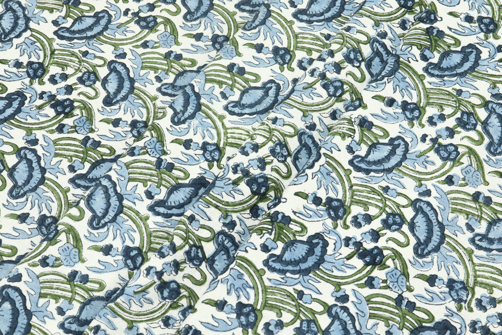 Floral Print Cotton Fabric: Blue, Green Indian Wood Block Print