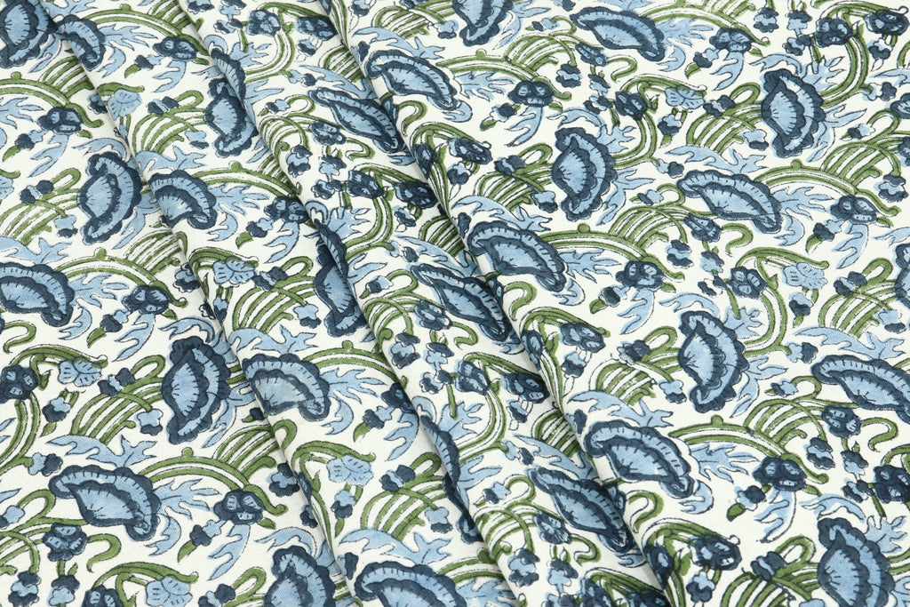 Floral Print Cotton Fabric: Blue, Green Indian Wood Block Print
