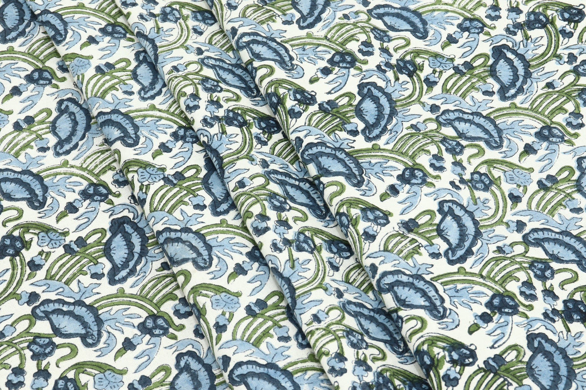 Floral Print Cotton Fabric: Blue, Green Indian Wood Block Print
