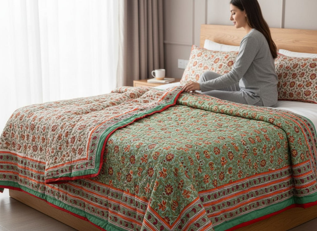 Traditional Jaipur Cotton Quilt | Green & Red Block Print