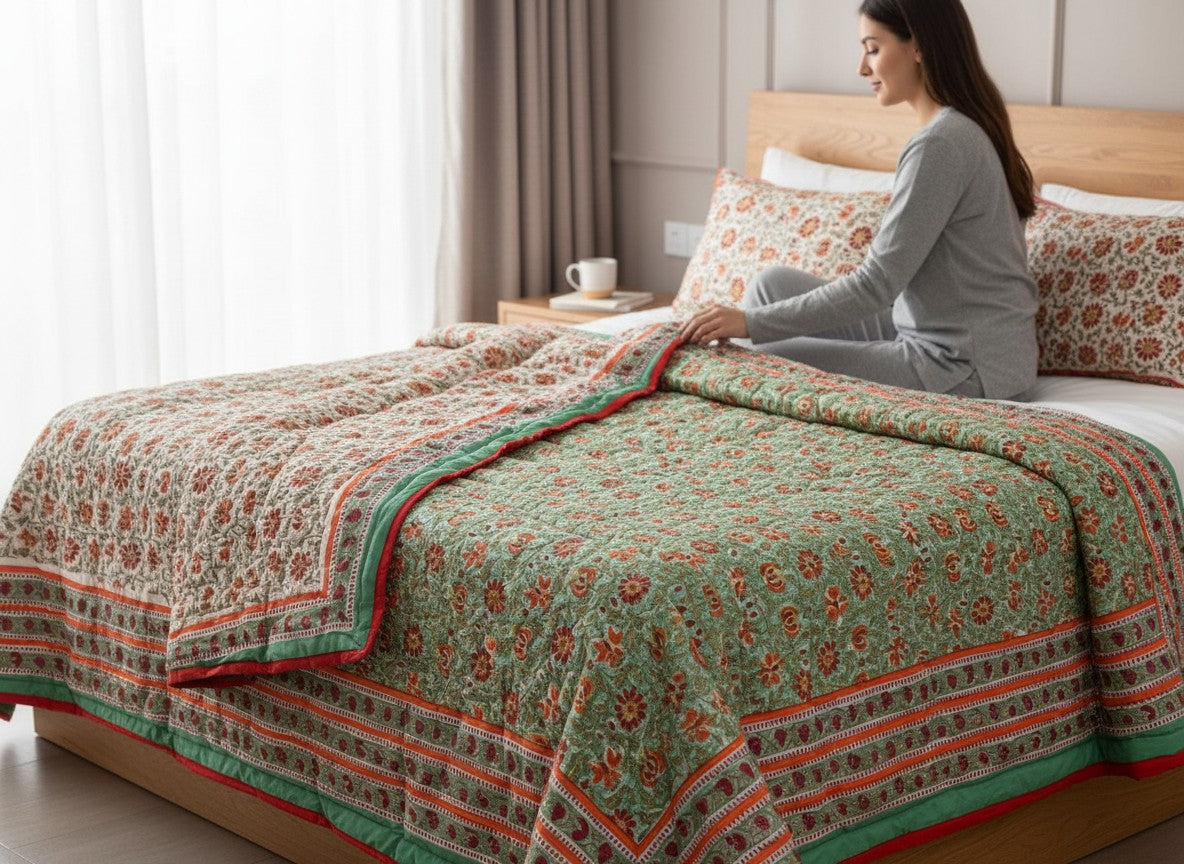 Traditional Jaipur Cotton Quilt | Green & Red Block Print