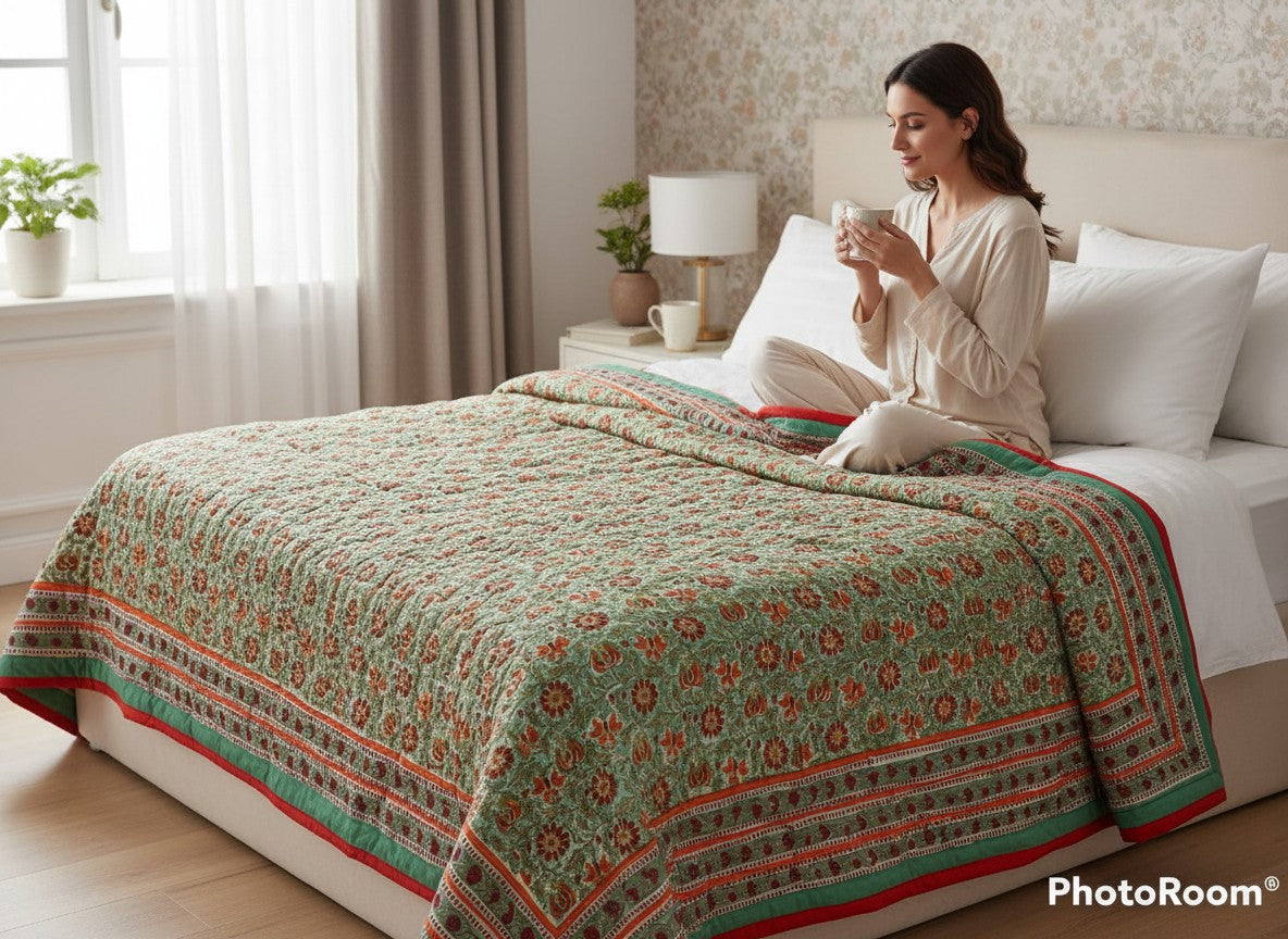 Traditional Jaipur Cotton Quilt | Green & Red Block Print
