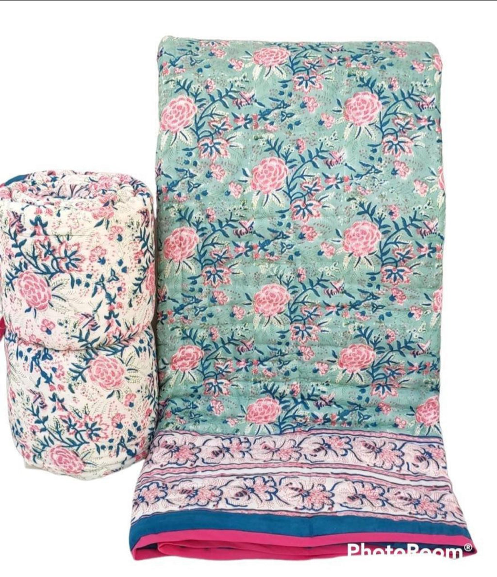 Mint Green Floral Hand Block Printed Jaipur Quilt | Razai