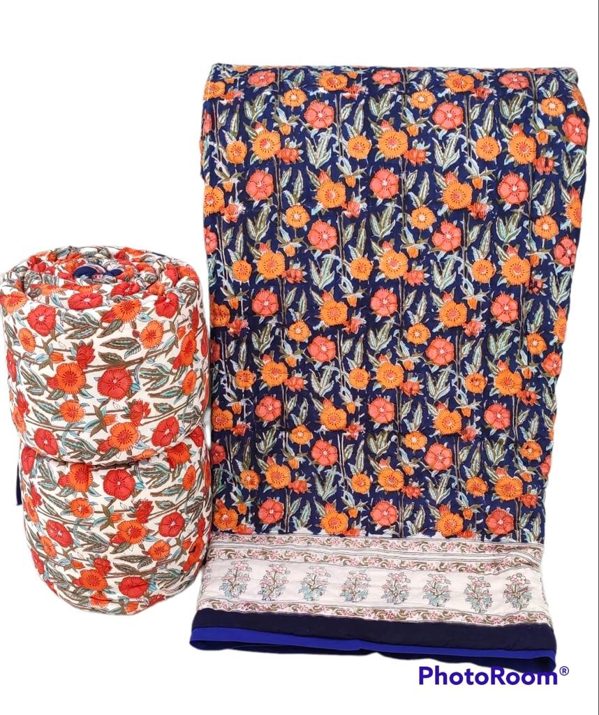 Reversible Cotton Razai & Quilt | Navy Floral Block Print
