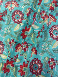 Hand Block Print Cotton Fabric: Blue and red Floral Indian Fabric