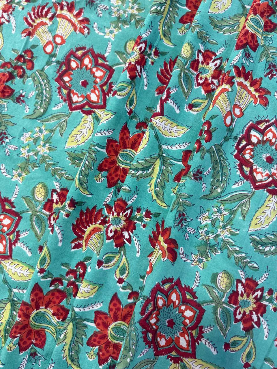 Hand Block Print Cotton Fabric: Blue and red Floral Indian Fabric
