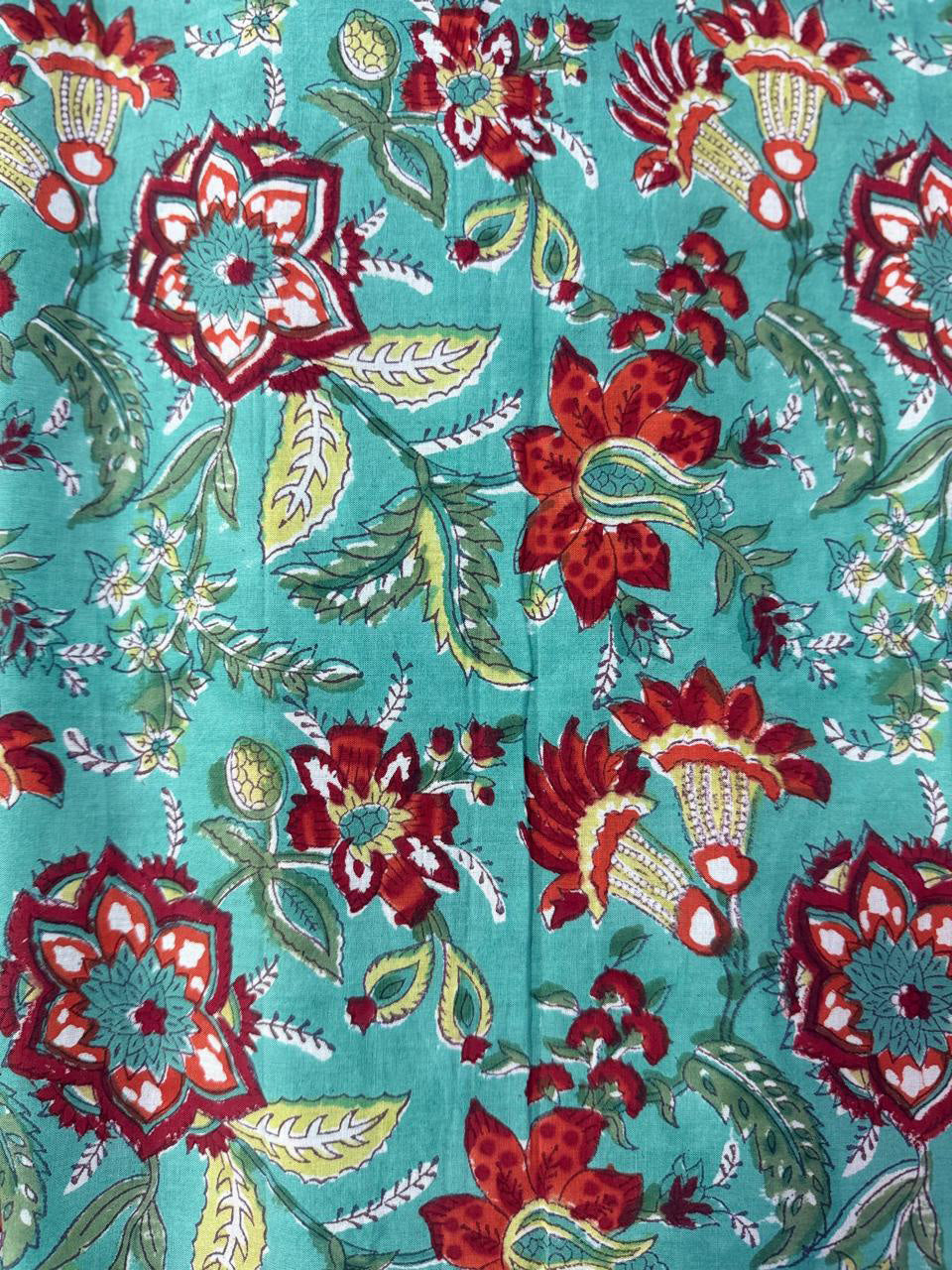 Hand Block Print Cotton Fabric: Blue and red Floral Indian Fabric