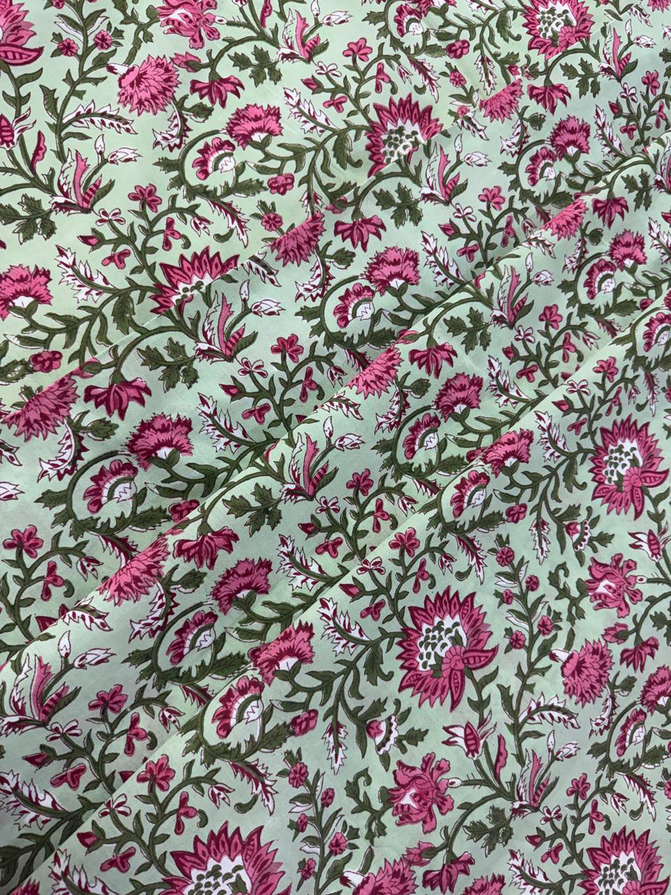 Hand Block Print Cotton Fabric: Green and Pink Floral Indian Fabric