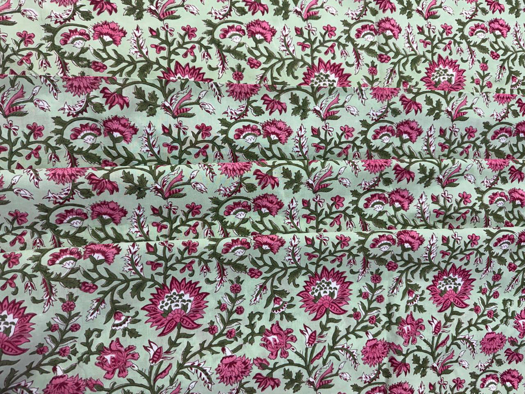 Hand Block Print Cotton Fabric: Green and Pink Floral Indian Fabric