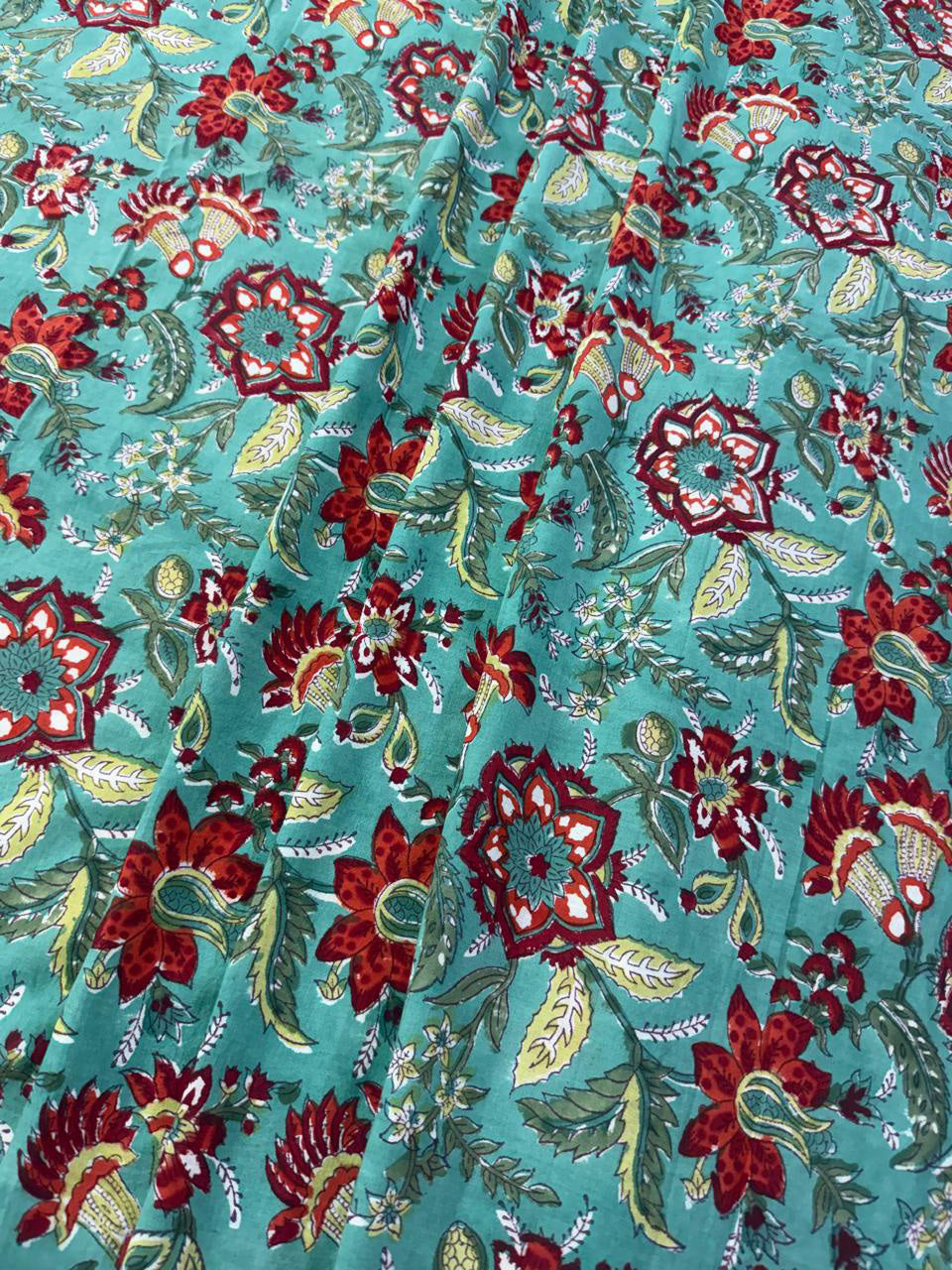 Hand Block Print Cotton Fabric: Blue and red Floral Indian Fabric