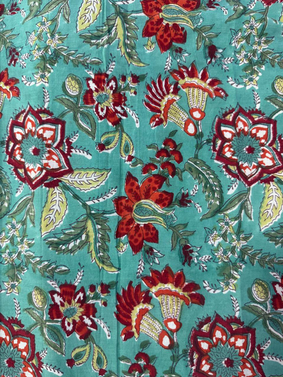 Hand Block Print Cotton Fabric: Blue and red Floral Indian Fabric