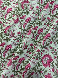 Hand Block Print Cotton Fabric: Green and Pink Floral Indian Fabric