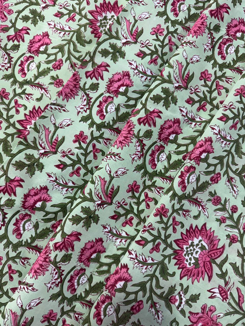 Hand Block Print Cotton Fabric: Green and Pink Floral Indian Fabric