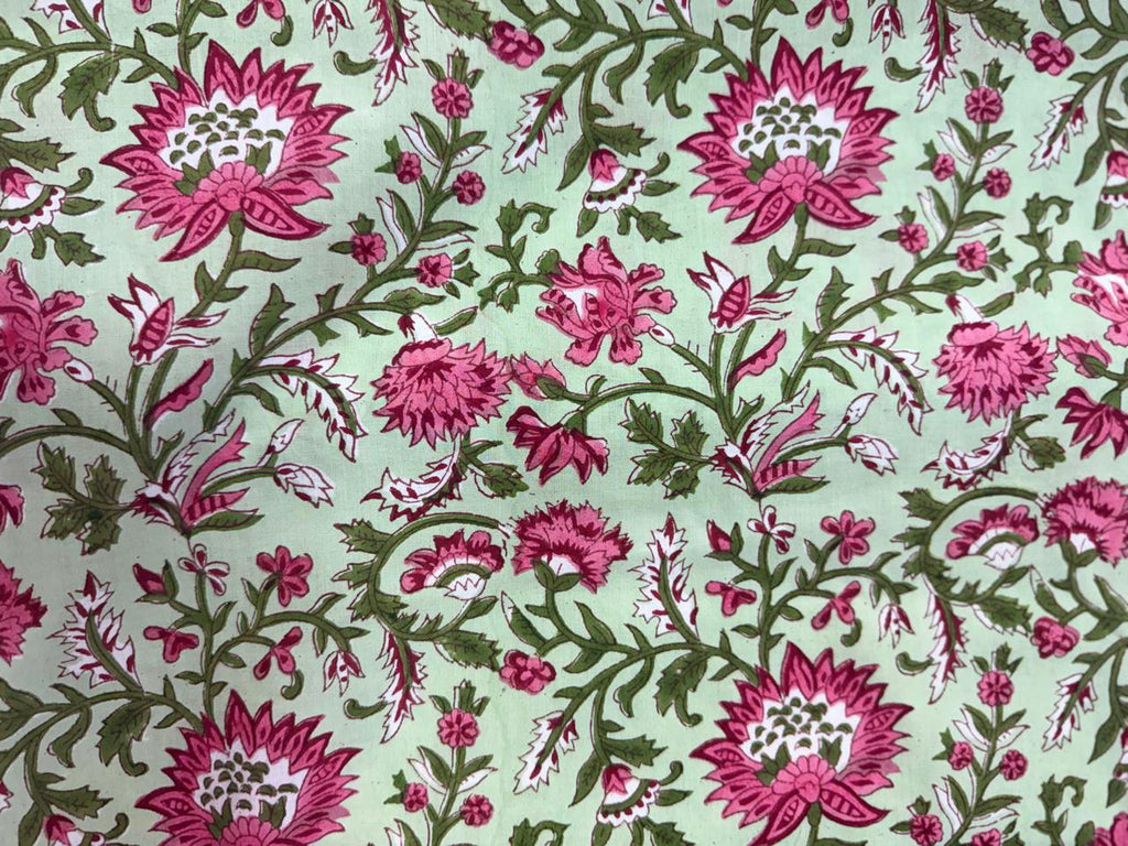 Hand Block Print Cotton Fabric: Green and Pink Floral Indian Fabric