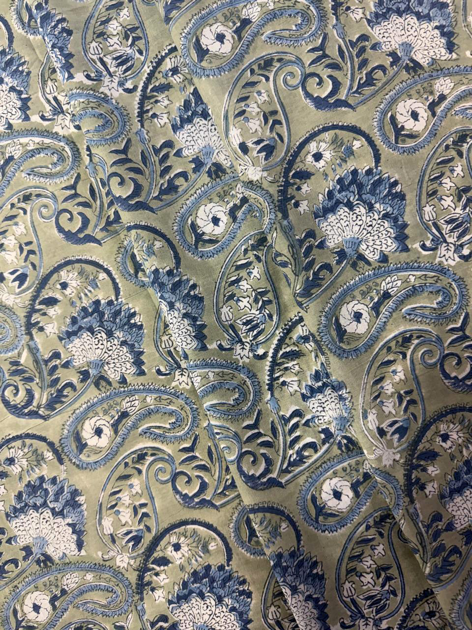 Hand Block Print Cotton Fabric: Green and Blue Floral Indian Fabric