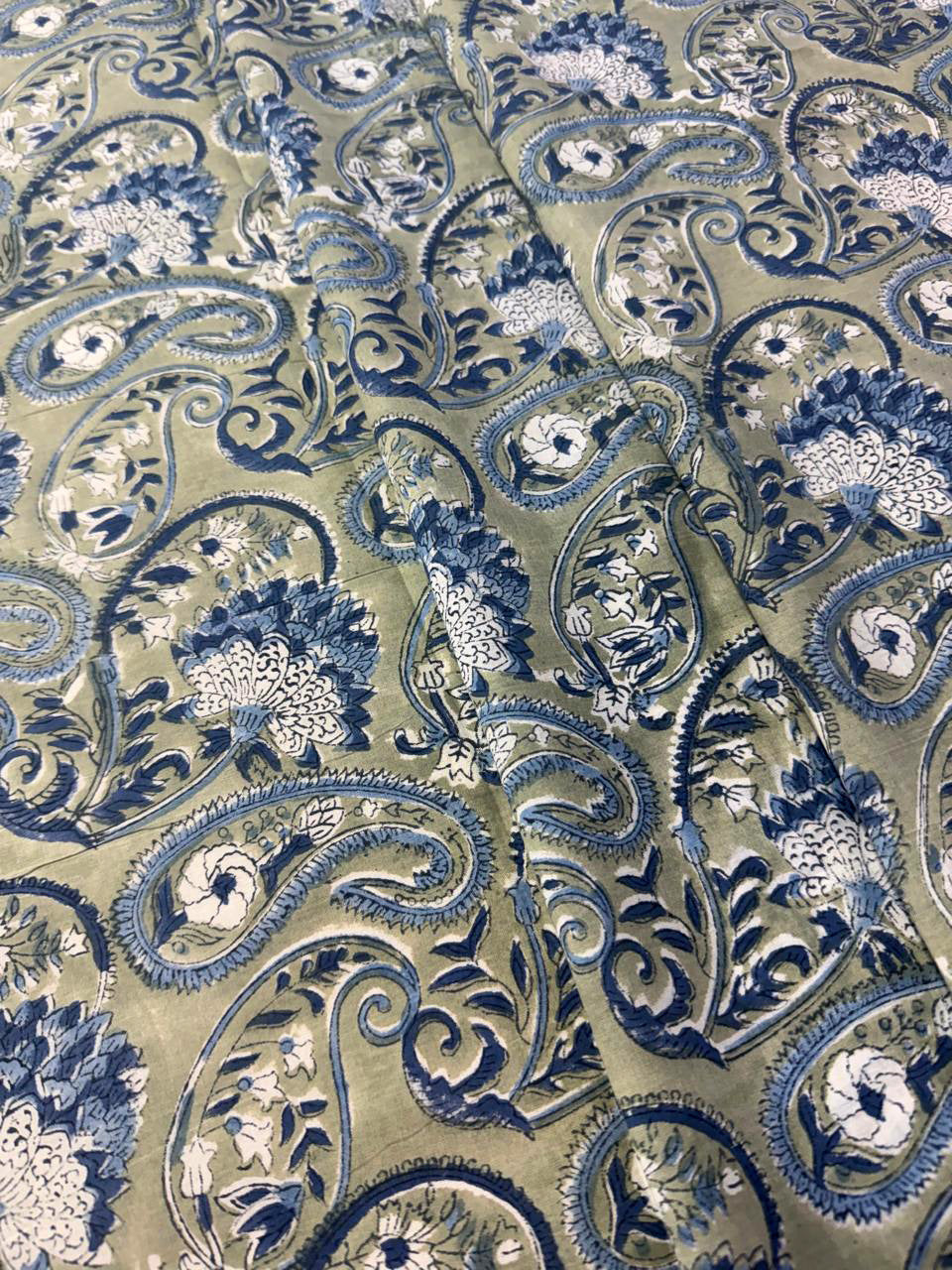 Hand Block Print Cotton Fabric: Green and Blue Floral Indian Fabric