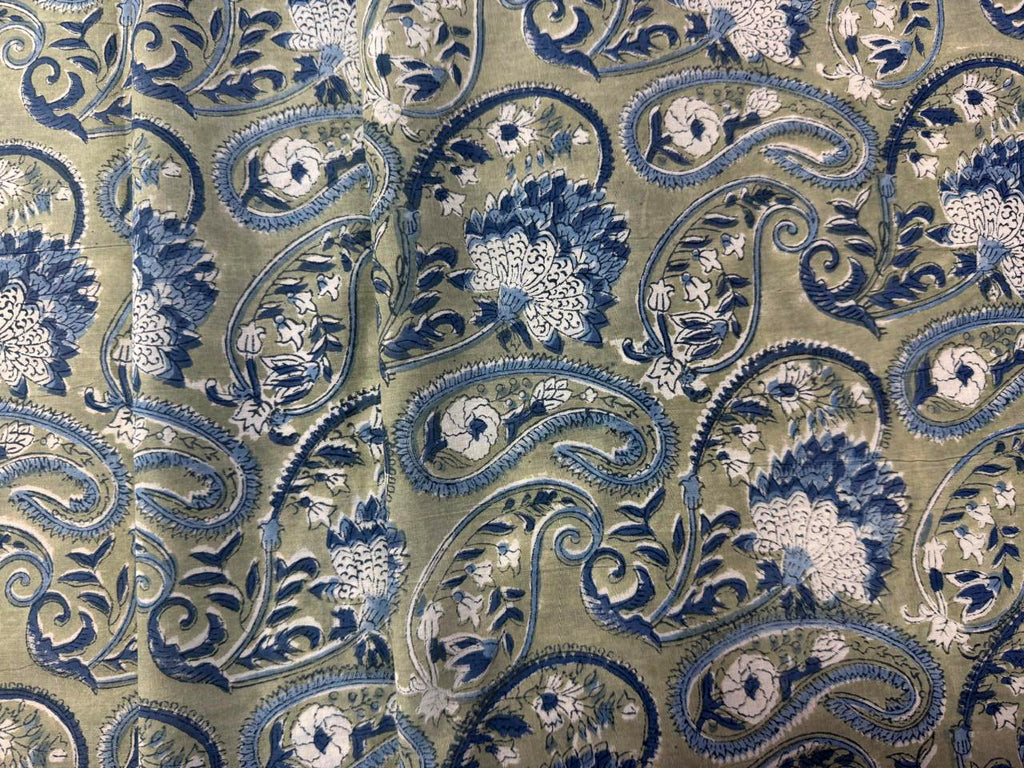 Hand Block Print Cotton Fabric: Green and Blue Floral Indian Fabric