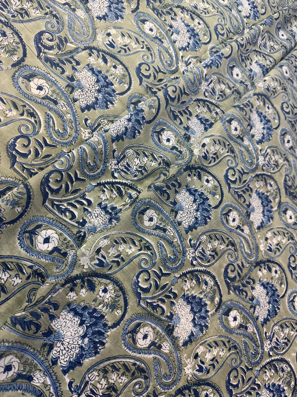 Hand Block Print Cotton Fabric: Green and Blue Floral Indian Fabric