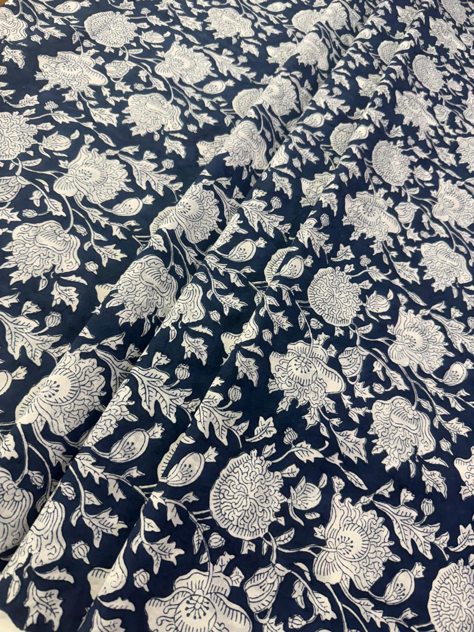 Hand Block Print Cotton Fabric: Blue and White Floral Indian Fabric