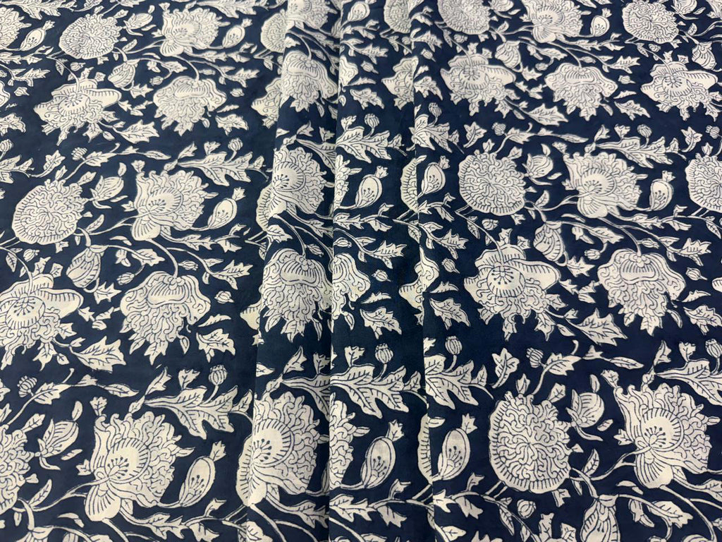 Hand Block Print Cotton Fabric: Blue and White Floral Indian Fabric