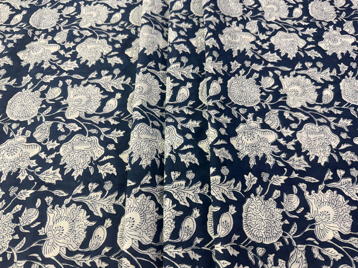 Hand Block Print Cotton Fabric: Blue and White Floral Indian Fabric