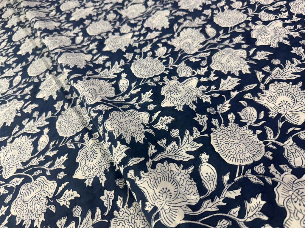 Hand Block Print Cotton Fabric: Blue and White Floral Indian Fabric
