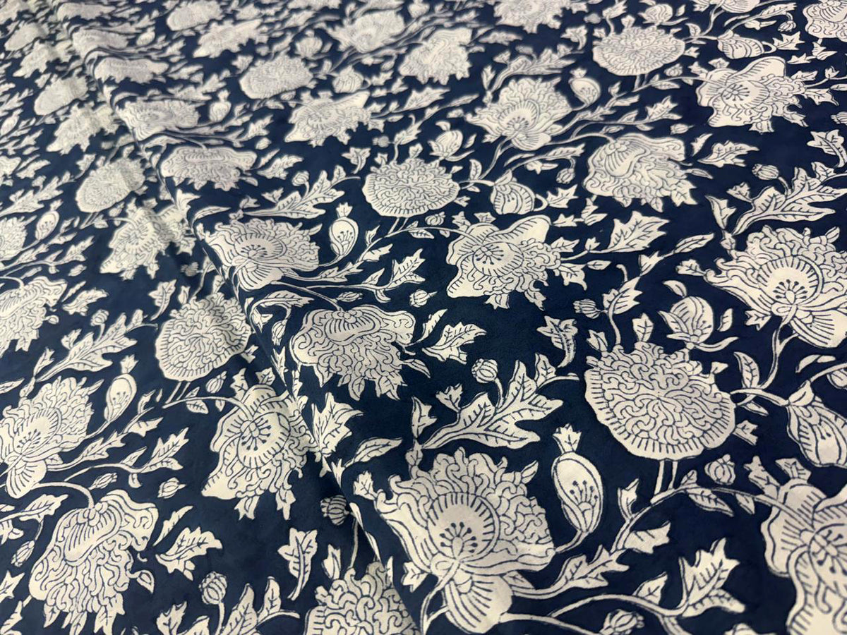 Hand Block Print Cotton Fabric: Blue and White Floral Indian Fabric