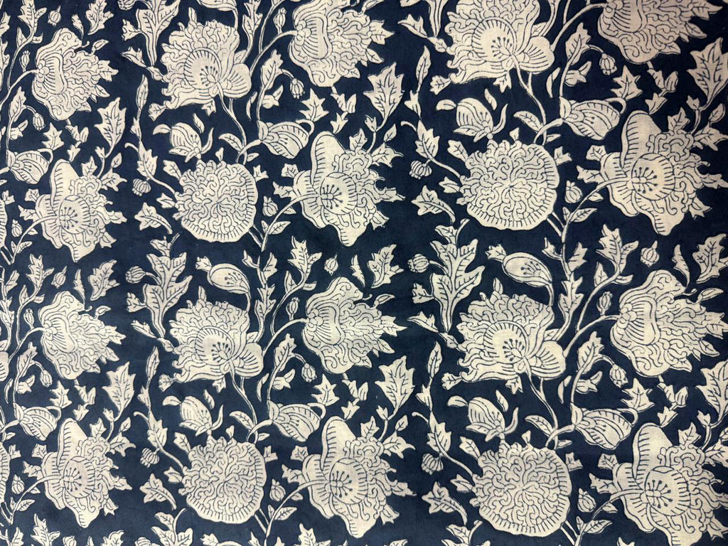Hand Block Print Cotton Fabric: Blue and White Floral Indian Fabric