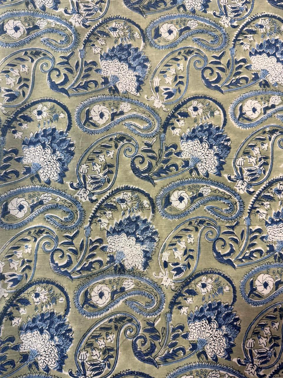 Hand Block Print Cotton Fabric: Green and Blue Floral Indian Fabric