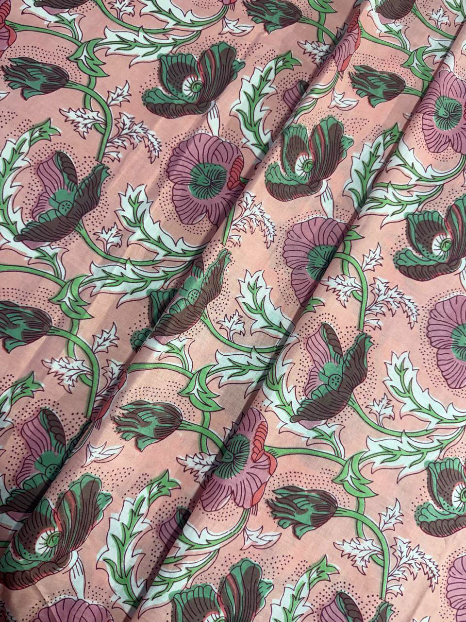 Hand Block Print Cotton Fabric: Cream Orange and Pink Floral Indian Fabric