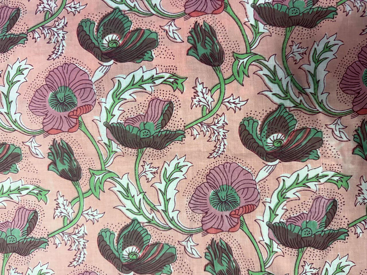 Hand Block Print Cotton Fabric: Cream Orange and Pink Floral Indian Fabric