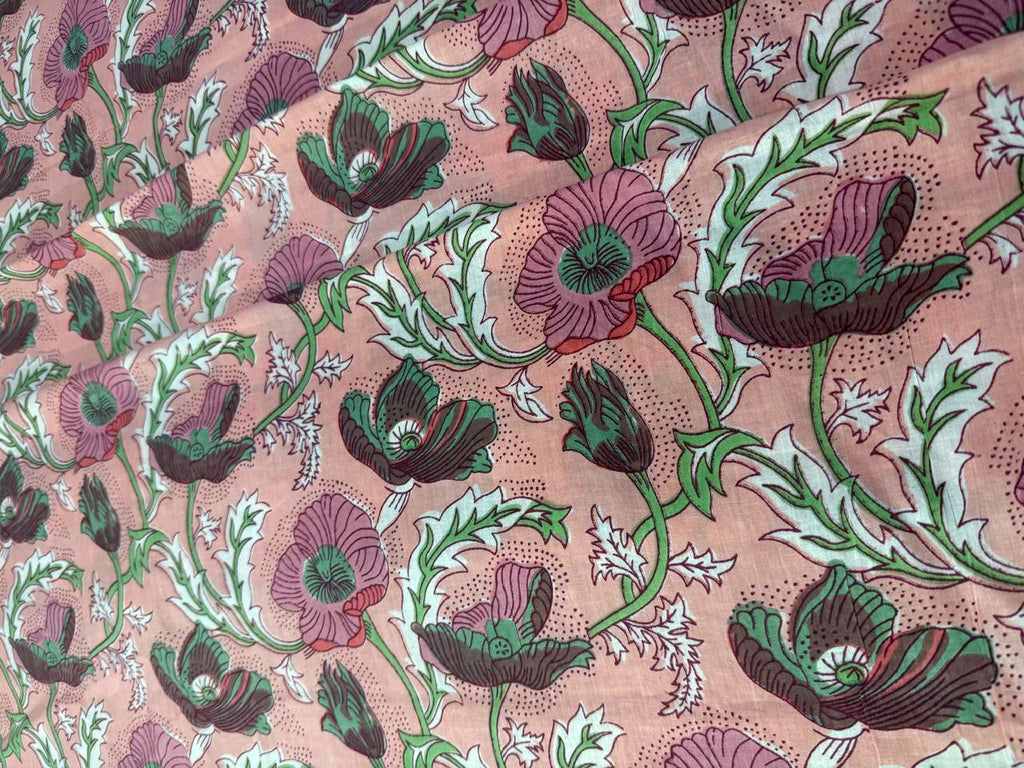 Hand Block Print Cotton Fabric: Cream Orange and Pink Floral Indian Fabric