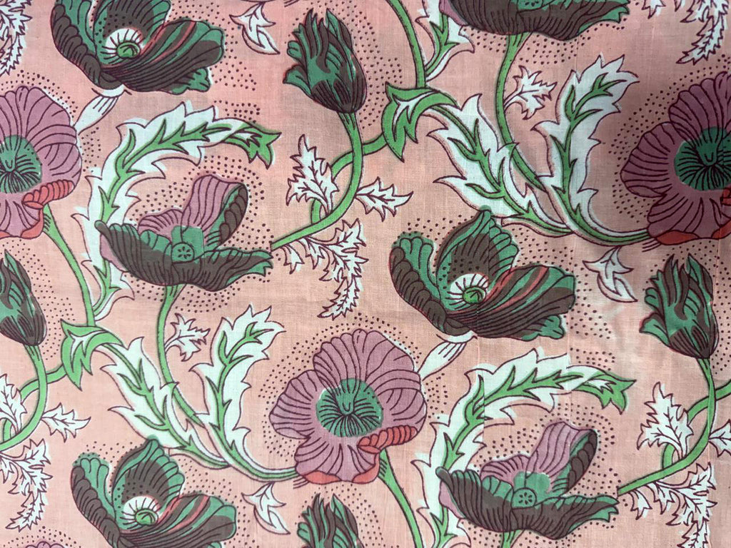 Hand Block Print Cotton Fabric: Cream Orange and Pink Floral Indian Fabric