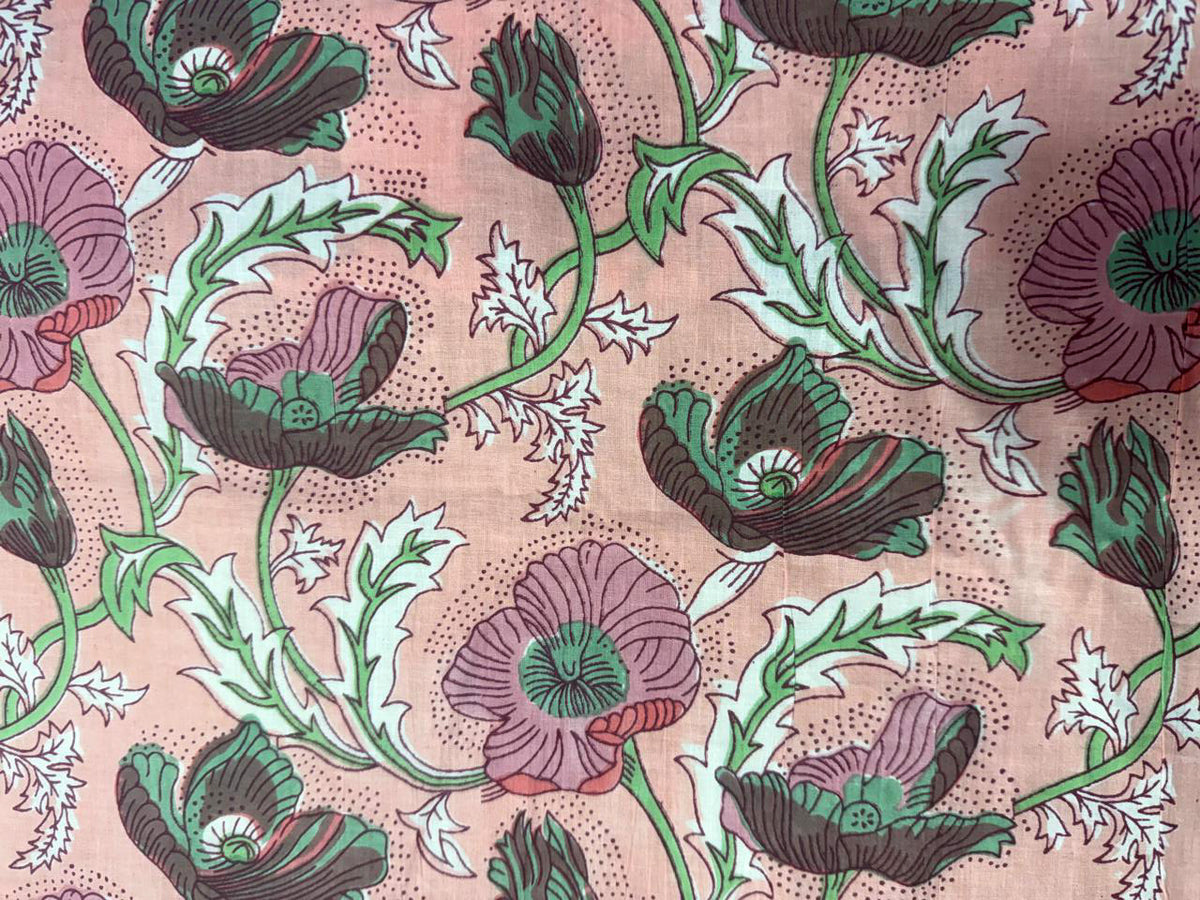Hand Block Print Cotton Fabric: Cream Orange and Pink Floral Indian Fabric