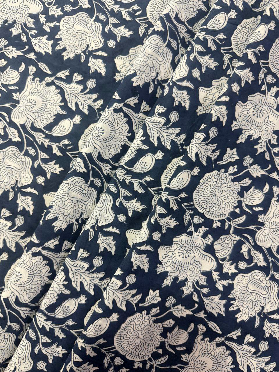 Hand Block Print Cotton Fabric: Blue and White Floral Indian Fabric